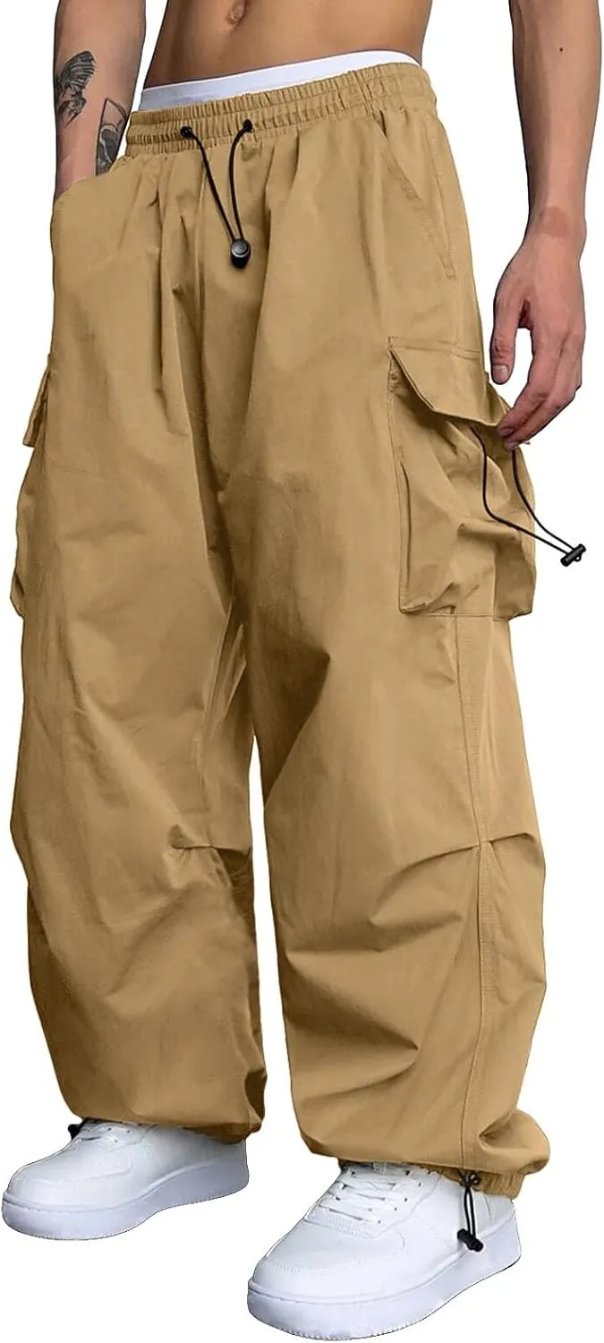 Men's Baggy Cargo Pants Trendy Casual Parachute Pants Stretch Loose Fit Streetwear with Pockets