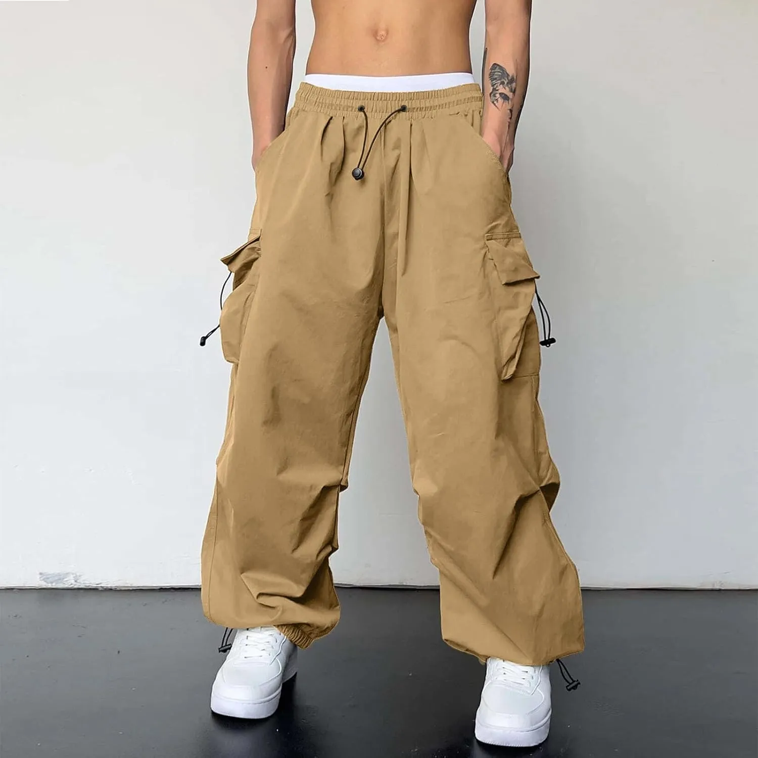Men's Baggy Cargo Pants Trendy Casual Parachute Pants Stretch Loose Fit Streetwear with Pockets