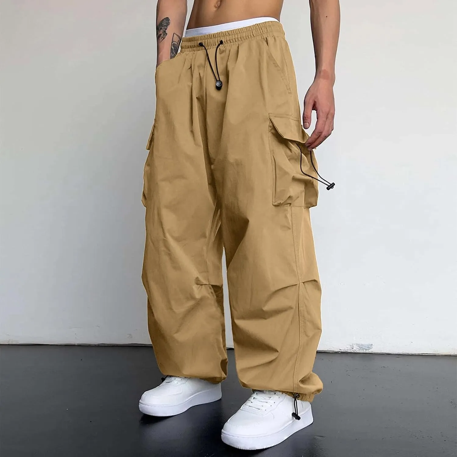 Men's Baggy Cargo Pants Trendy Casual Parachute Pants Stretch Loose Fit Streetwear with Pockets