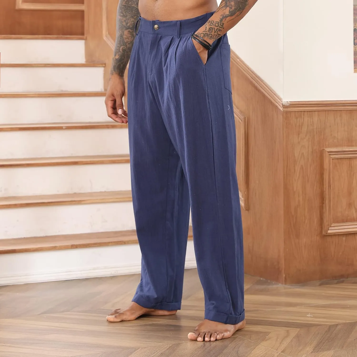 Mens Cotton Linen Pants Elastic Drawstring Waist Trouser Casual Loose Fit Yoga Beach Pants
