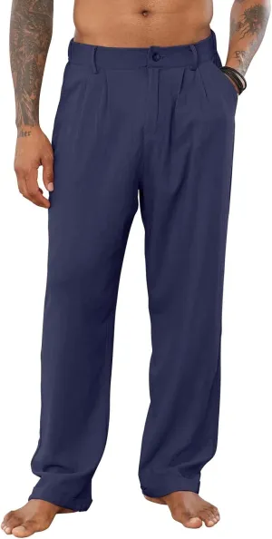 Mens Cotton Linen Pants Elastic Drawstring Waist Trouser Casual Loose Fit Yoga Beach Pants