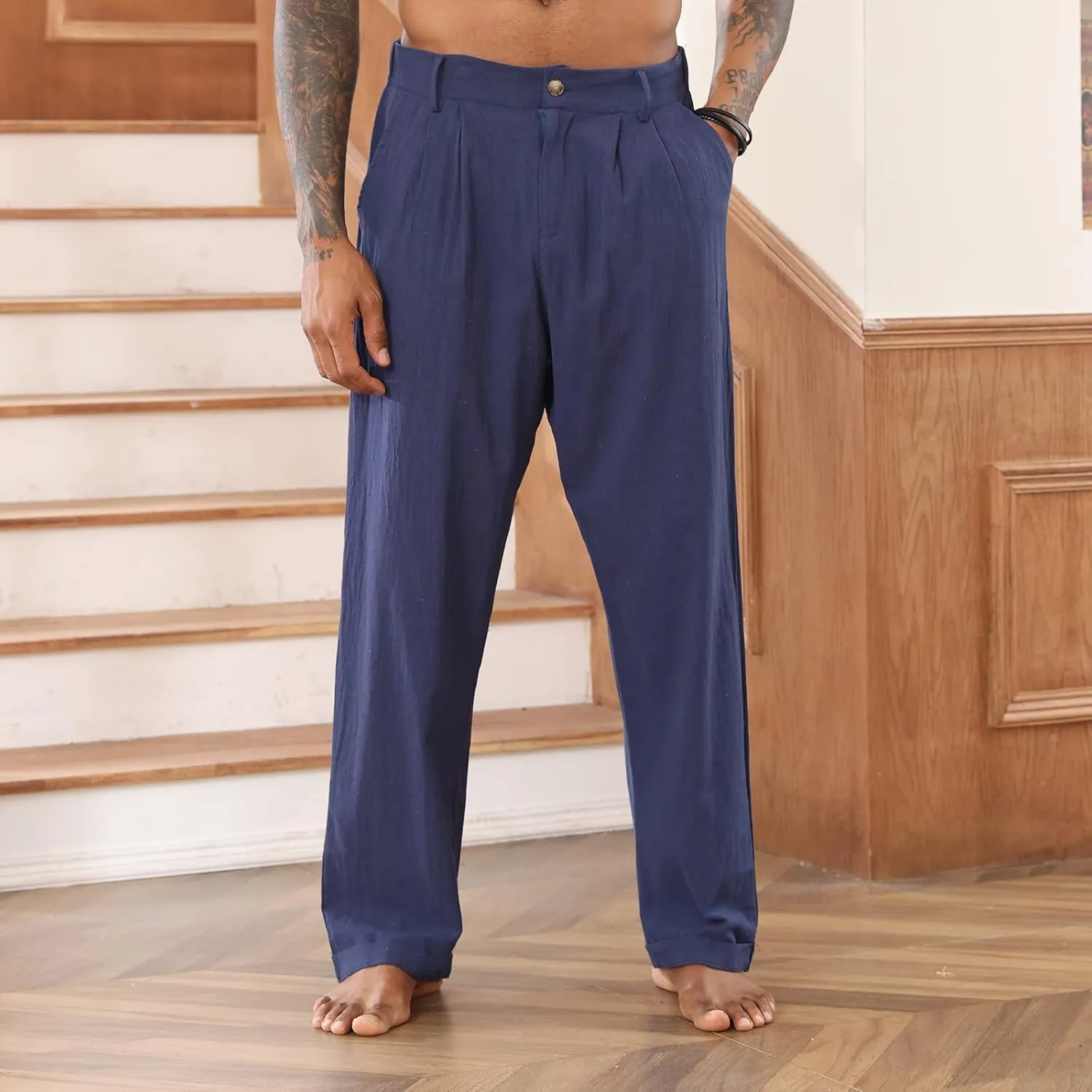 Mens Cotton Linen Pants Elastic Drawstring Waist Trouser Casual Loose Fit Yoga Beach Pants