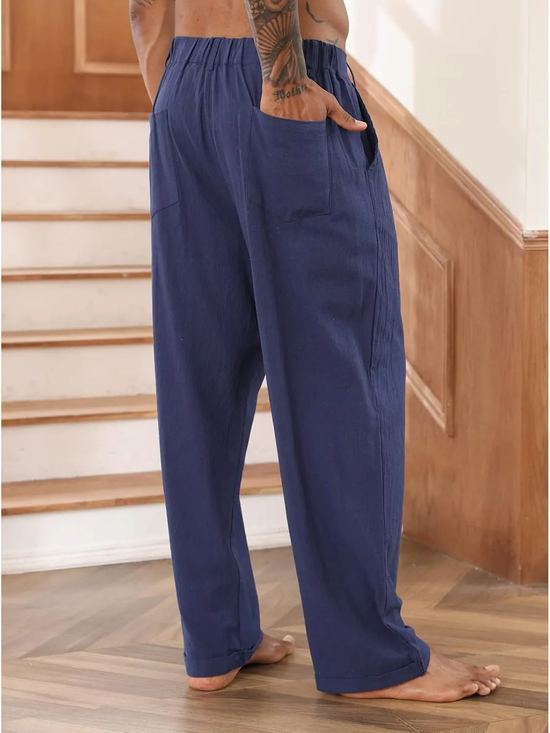 Mens Cotton Linen Pants Elastic Drawstring Waist Trouser Casual Loose Fit Yoga Beach Pants