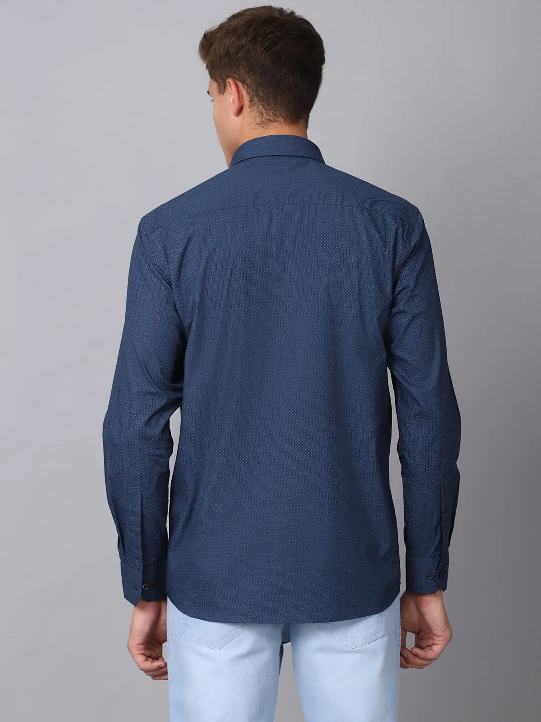 Men's Navy Blue Formal Geometric Print Full Sleeve Shirt