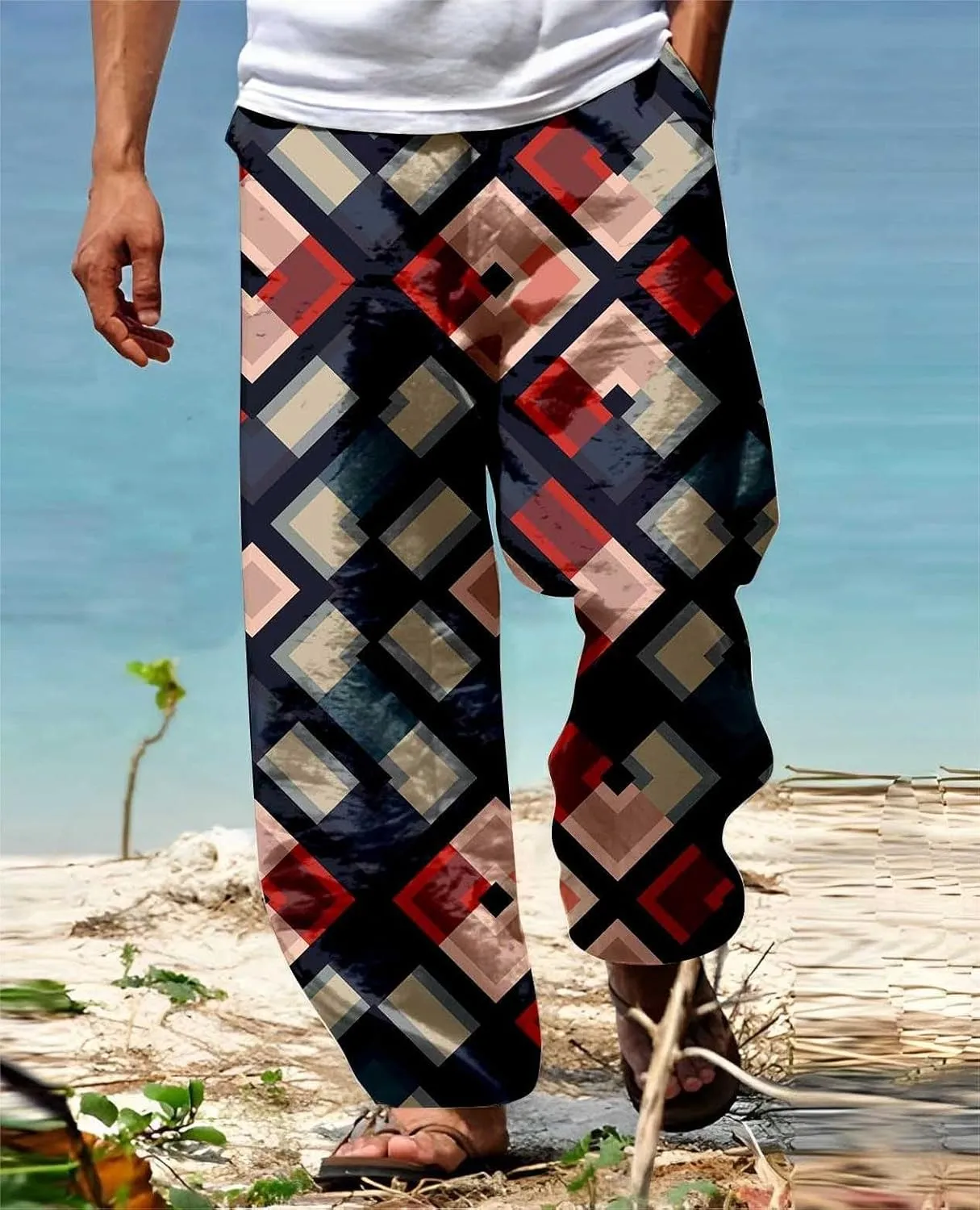 Mens Summer Cotton Linen Casual Pants Loose Fit Straight Leg Trend Printed Trousers Elastic Waist Drawstring Beach Yoga Pants