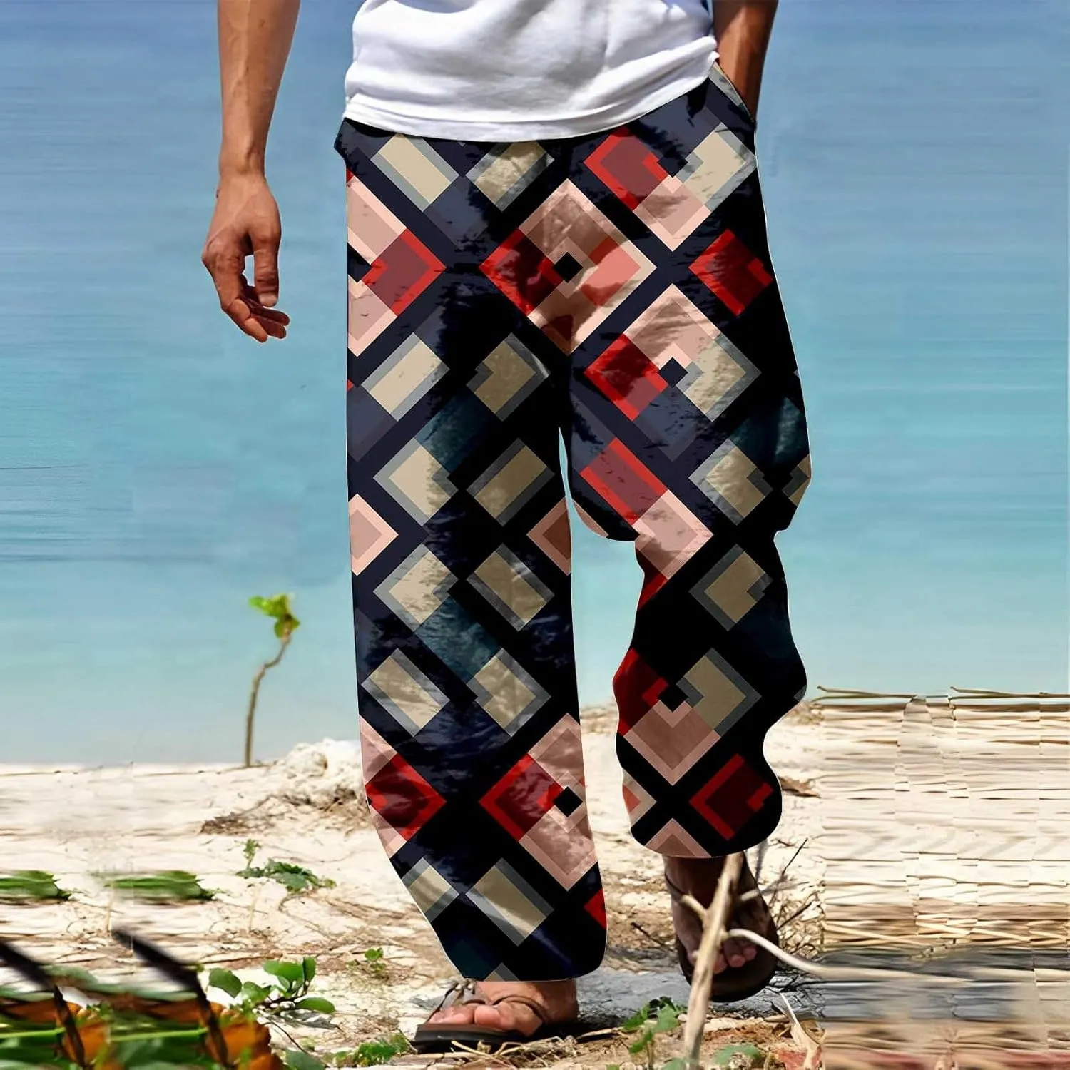 Mens Summer Cotton Linen Casual Pants Loose Fit Straight Leg Trend Printed Trousers Elastic Waist Drawstring Beach Yoga Pants