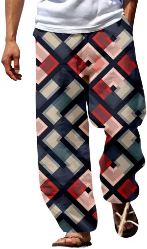 Mens Summer Cotton Linen Casual Pants Loose Fit Straight Leg Trend Printed Trousers Elastic Waist Drawstring Beach Yoga Pants