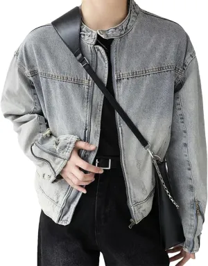 Men's Washed Denim Jacket Hip Hop Retro Loose Short Denim Jacket Unisex Zipper Bomber Jacket