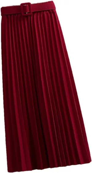 Mid-Length Pleated Skirt for Women Korean Elegant Solid A Line Belt High Waist Midi Long Skirt