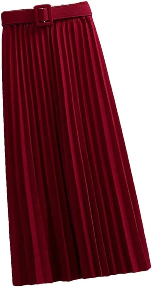 Mid-Length Pleated Skirt for Women Korean Elegant Solid A Line Belt High Waist Midi Long Skirt