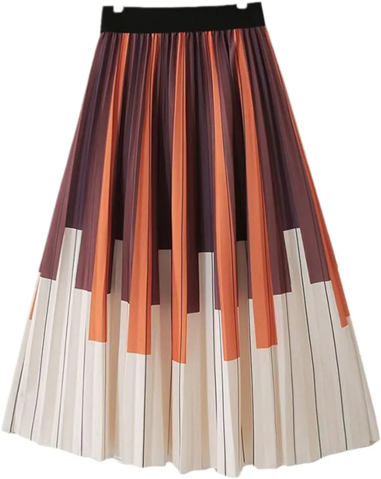 Midi Long Pleated Skirt Women Spring Fashion Korean Style Striped Mid-Length High Waist A Line Skirt Female