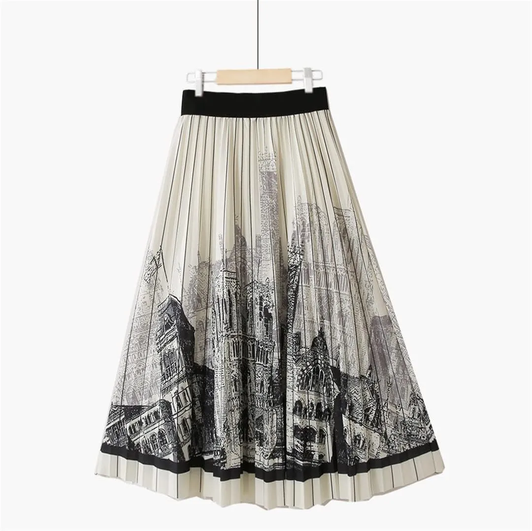 Midi Long Pleated Skirt Women Spring Fashion Korean Style Striped Mid-Length High Waist A Line Skirt Female