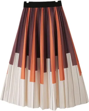 Midi Long Pleated Skirt Women Spring Fashion Korean Style Striped Mid-Length High Waist A Line Skirt Female