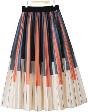 Midi Long Pleated Skirt Women Spring Fashion Korean Style Striped Mid-Length High Waist A Line Skirt Female