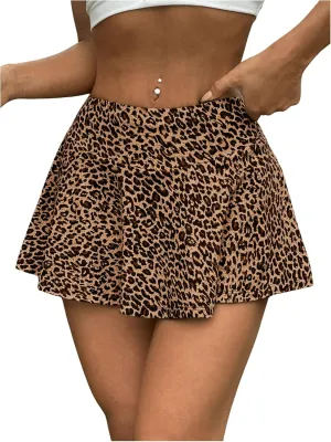 Milumia Women's Leopard Print Elastic Waist Skirt Shorts Ruffle Hem Casual Skort