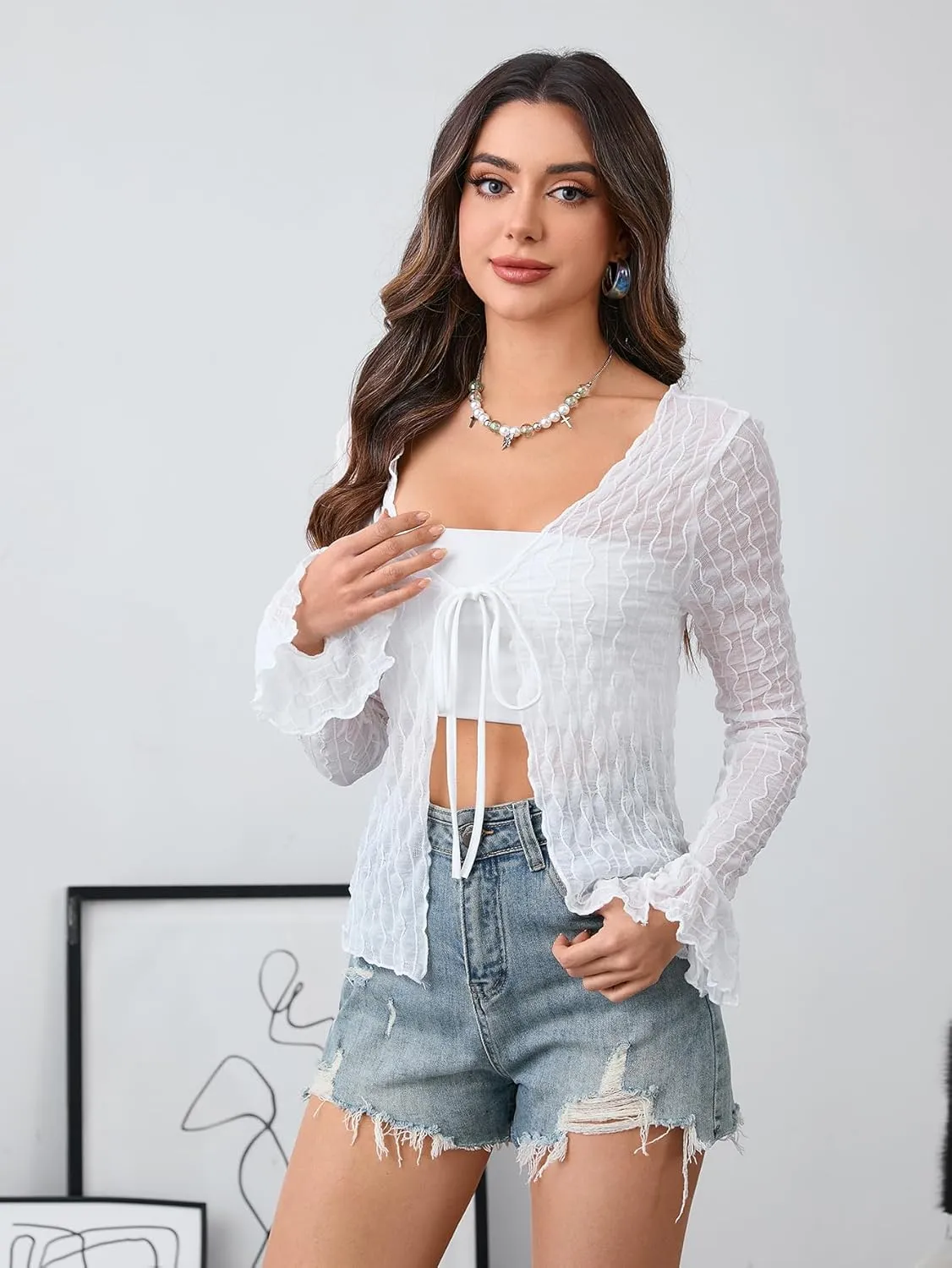 Milumia Women's Y2K Textured Lettuce Trim Tie Front Cardigan Long Sleeve Sheer Shrug Top Cover Ups
