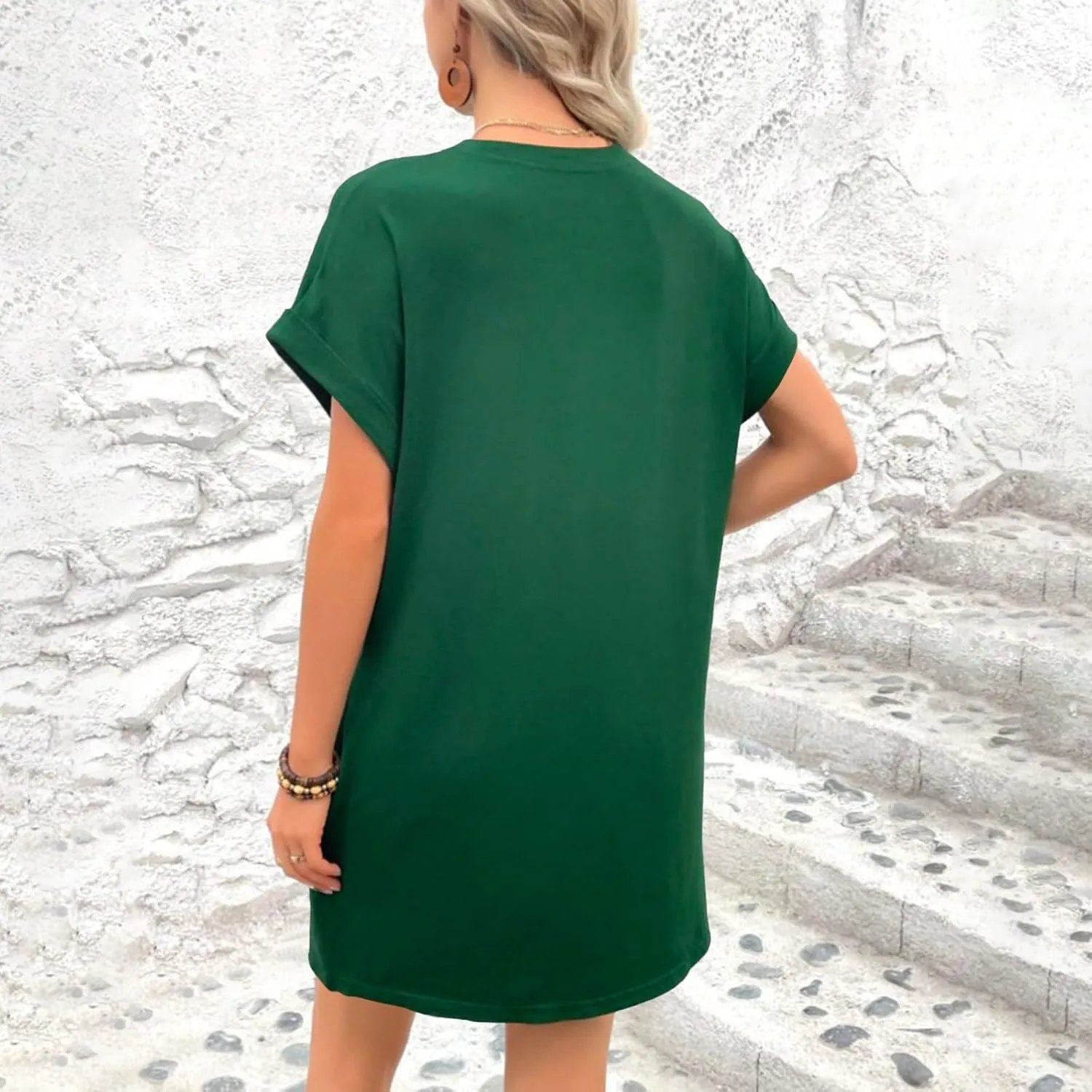 Moomoo Dresses for Women Solid Color Round Neck Batwing Sleeve T-Shirt Dress with Hidden Pockets