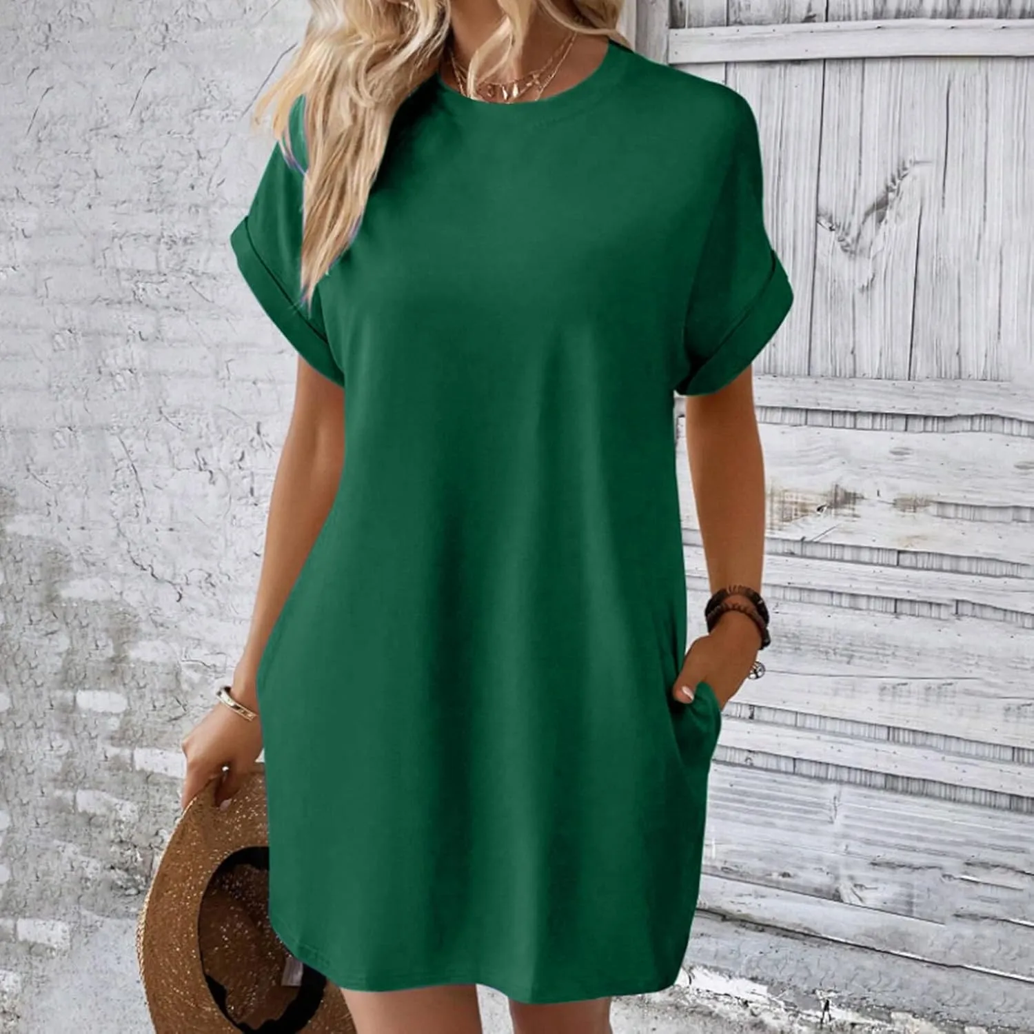 Moomoo Dresses for Women Solid Color Round Neck Batwing Sleeve T-Shirt Dress with Hidden Pockets