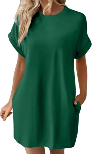 Moomoo Dresses for Women Solid Color Round Neck Batwing Sleeve T-Shirt Dress with Hidden Pockets