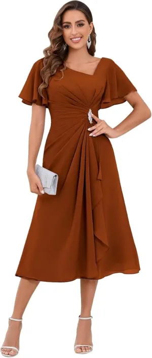 Mother of The Bride Dresses A-line Beaded Chiffon Flutter Sleeve Formal Evening Dress for Wedding