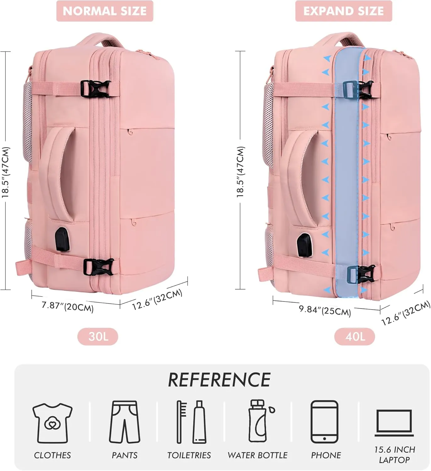 Mountain Land Carry On Travel Backpack Expandable 40L Personal Item Bag for Airplanes Women Weekender Laptop Bag Luggage Backpack with USB Charging Port (Pink)