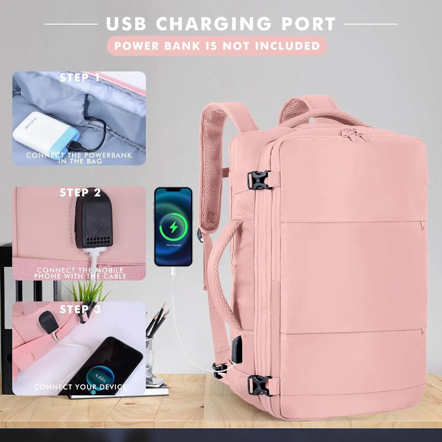 Mountain Land Carry On Travel Backpack Expandable 40L Personal Item Bag for Airplanes Women Weekender Laptop Bag Luggage Backpack with USB Charging Port (Pink)