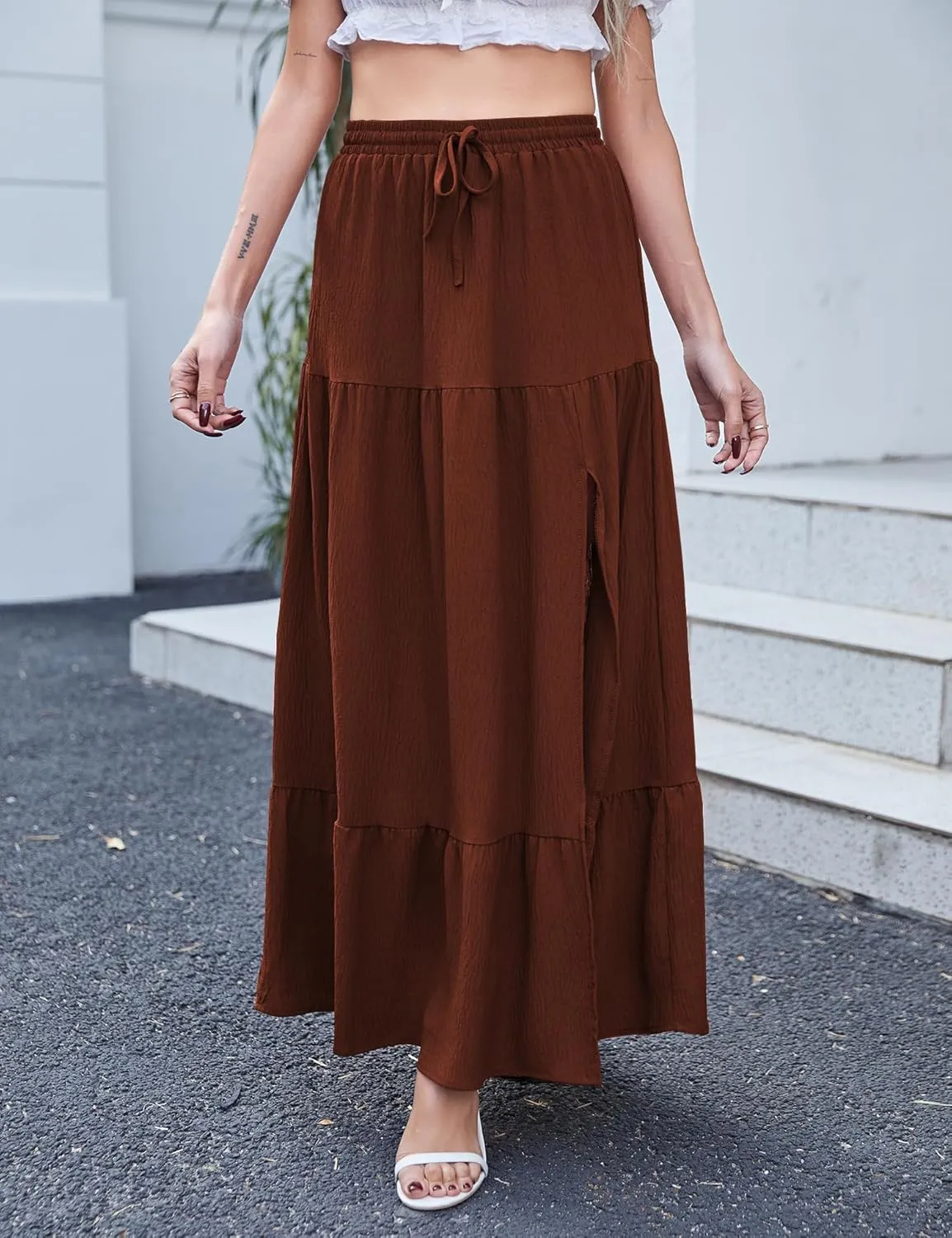 Newchoice Women's Flowy Maxi Skirt with Slit Elastic High Waisted Casual Summer Long Skirts