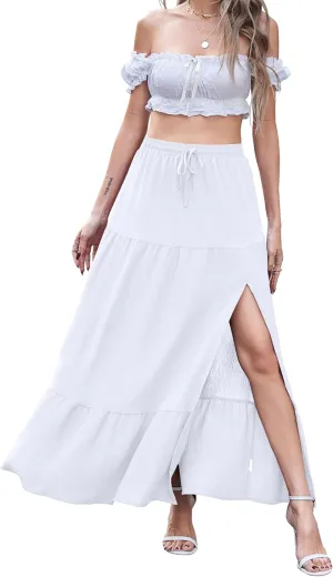Newchoice Women's Flowy Maxi Skirt with Slit Elastic High Waisted Casual Summer Long Skirts