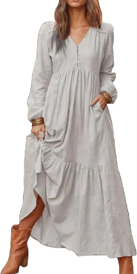 ONLYWOOD Womens V-Neck Summer Loose Sundress Solid Color Casual Long Sleeves Cotton Button Down Long Maxi Beach Basic Dresses