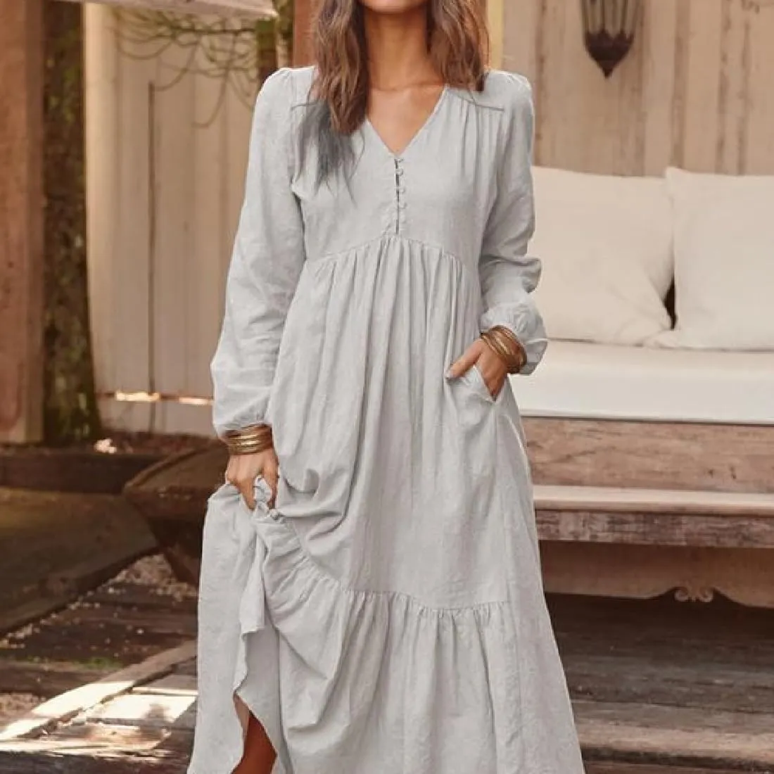 ONLYWOOD Womens V-Neck Summer Loose Sundress Solid Color Casual Long Sleeves Cotton Button Down Long Maxi Beach Basic Dresses