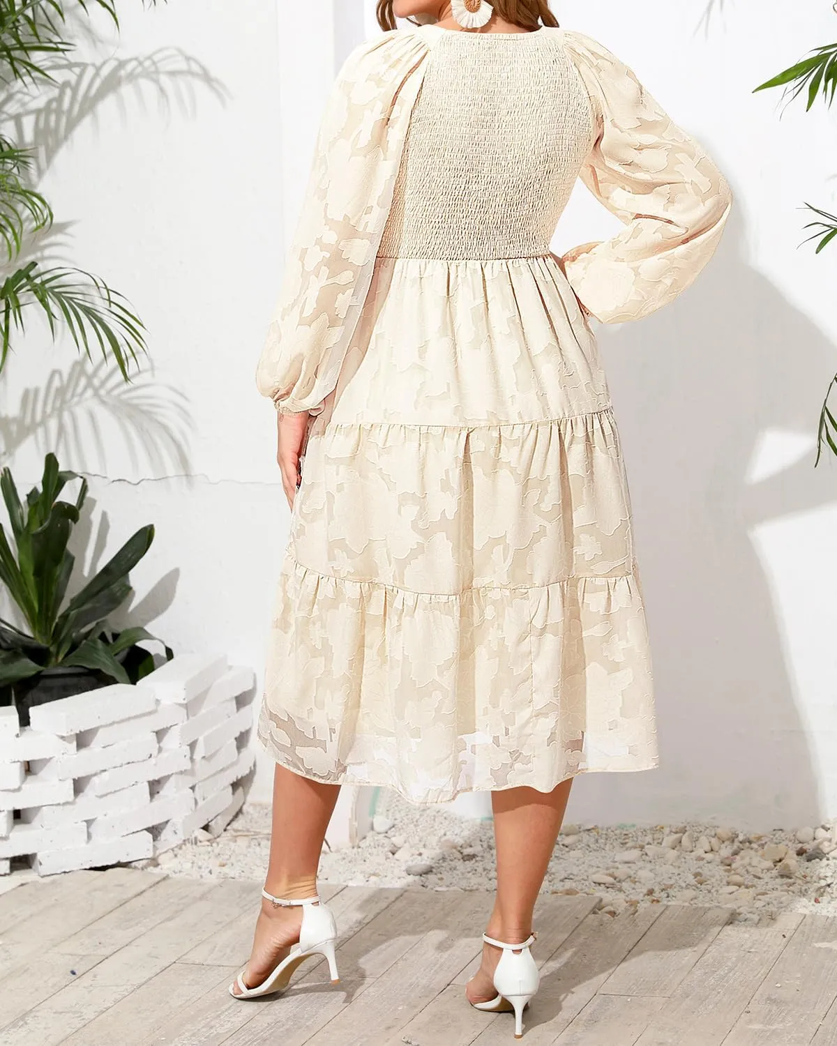 Pinup Fashion Plus Size Summer Casual V Neck Flutter Sleeve Floral Lace Smocked Flowy Tiered Midi Dresses 2024