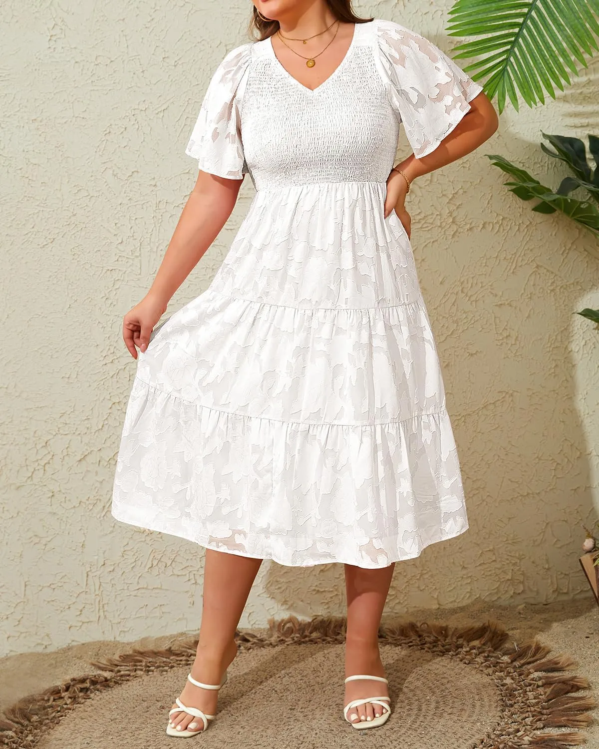 Pinup Fashion Plus Size Summer Casual V Neck Flutter Sleeve Floral Lace Smocked Flowy Tiered Midi Dresses 2024