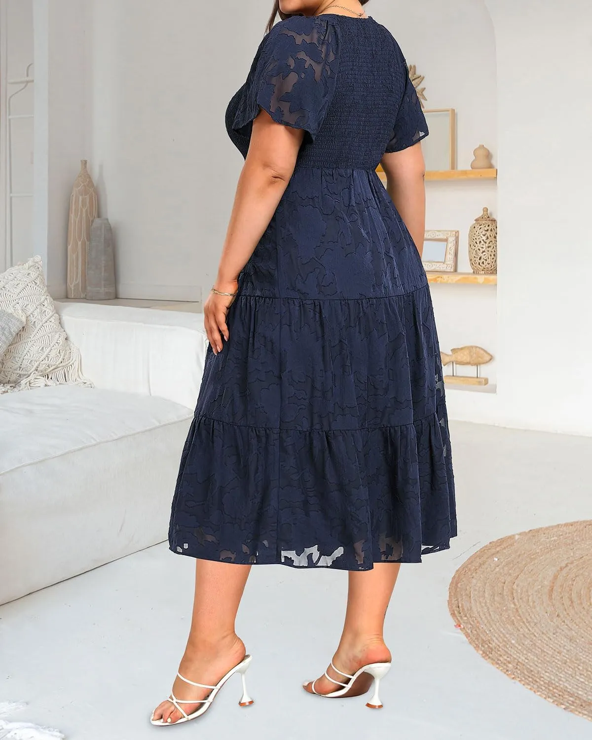 Pinup Fashion Plus Size Summer Casual V Neck Flutter Sleeve Floral Lace Smocked Flowy Tiered Midi Dresses 2024