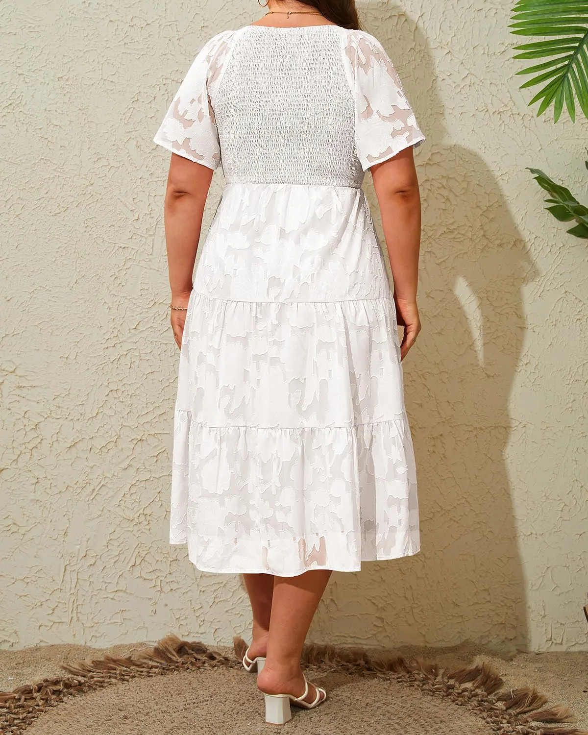 Pinup Fashion Plus Size Summer Casual V Neck Flutter Sleeve Floral Lace Smocked Flowy Tiered Midi Dresses 2024