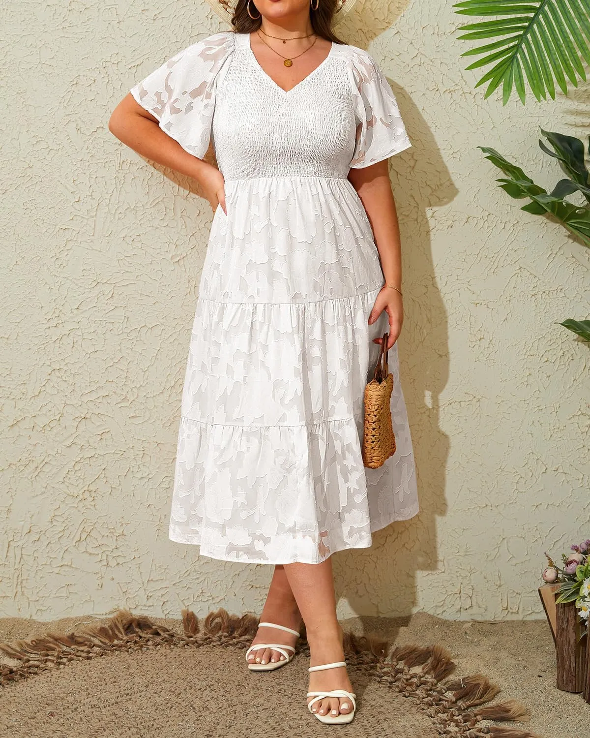 Pinup Fashion Plus Size Summer Casual V Neck Flutter Sleeve Floral Lace Smocked Flowy Tiered Midi Dresses 2024