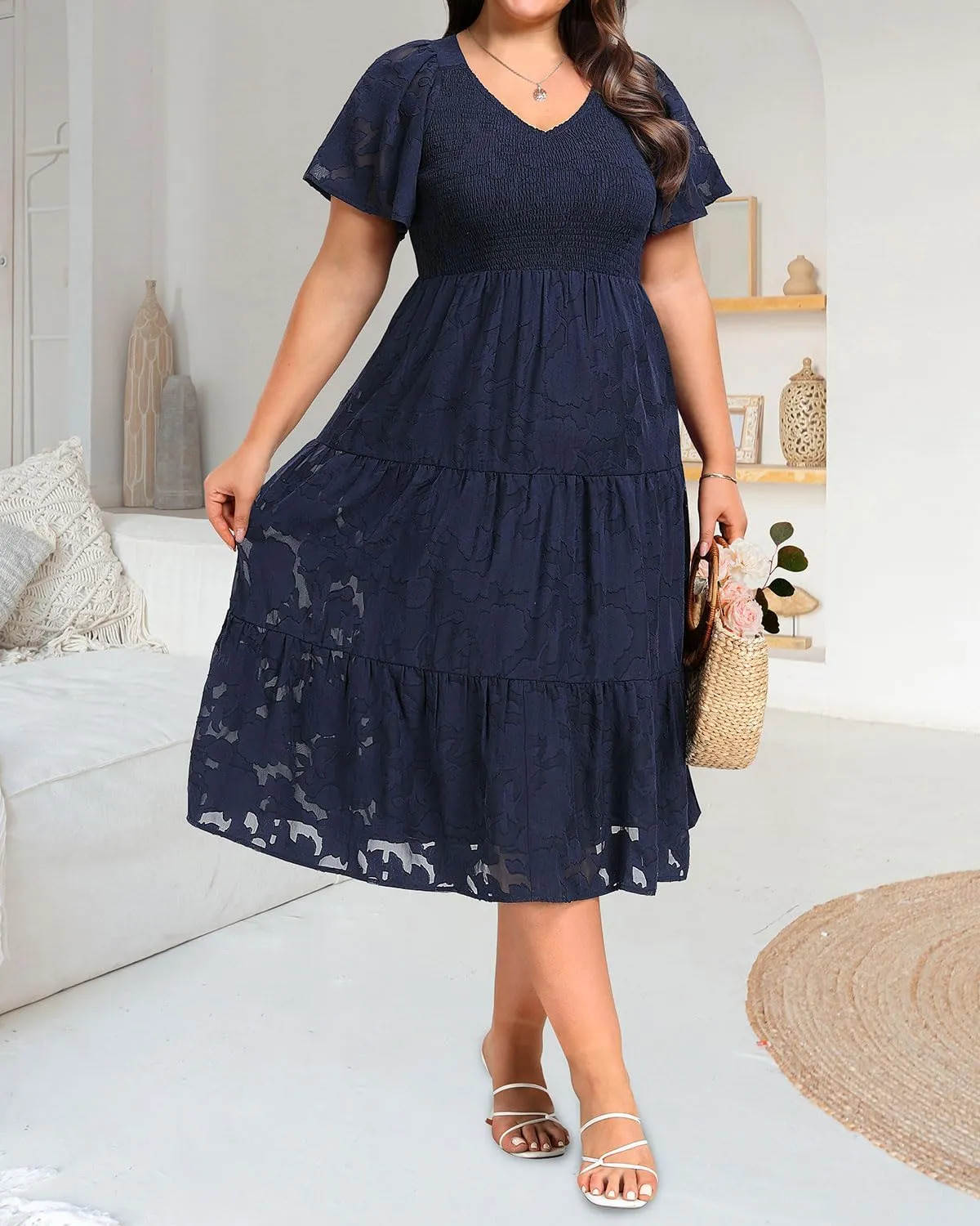 Pinup Fashion Plus Size Summer Casual V Neck Flutter Sleeve Floral Lace Smocked Flowy Tiered Midi Dresses 2024