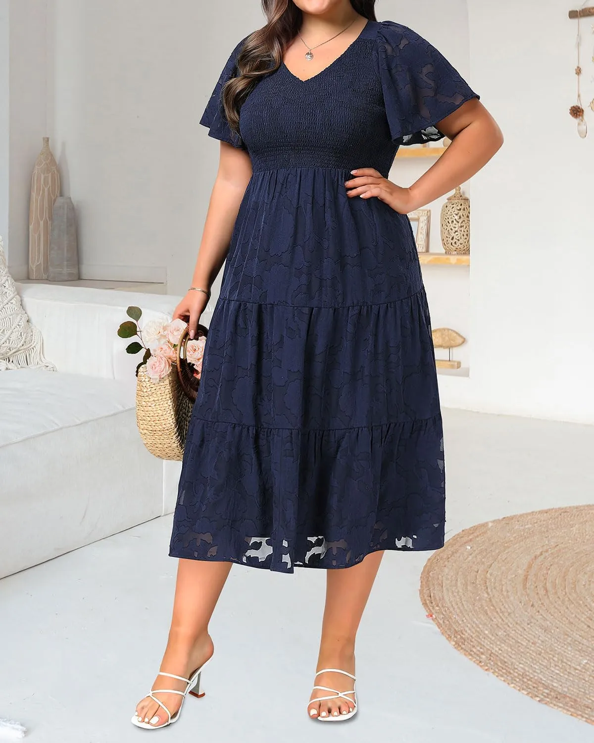 Pinup Fashion Plus Size Summer Casual V Neck Flutter Sleeve Floral Lace Smocked Flowy Tiered Midi Dresses 2024