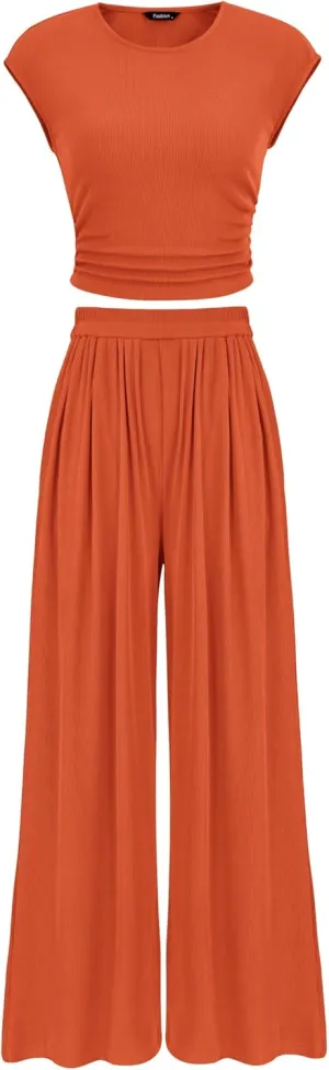 PRETTYGARDEN Women's Summer 2 Piece Outfits 2025 Cap Sleeve Ruched Slim T Shirt Ribbed Knit Wide Leg Pant Sets Tracksuit