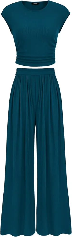 PRETTYGARDEN Women's Summer 2 Piece Outfits 2025 Cap Sleeve Ruched Slim T Shirt Ribbed Knit Wide Leg Pant Sets Tracksuit