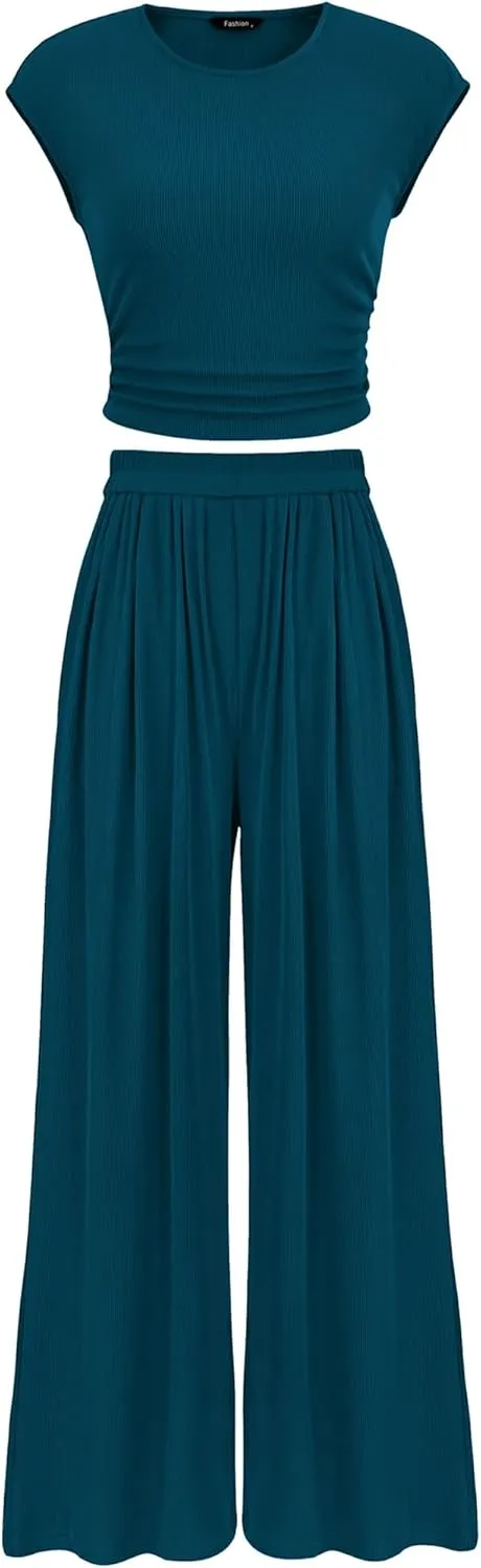 PRETTYGARDEN Women's Summer 2 Piece Outfits 2025 Cap Sleeve Ruched Slim T Shirt Ribbed Knit Wide Leg Pant Sets Tracksuit