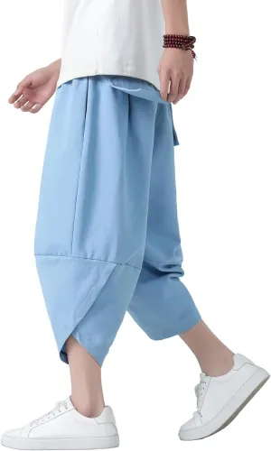 PRIJOUHE Men's Casual Wide Leg Baggy Harem Pant Lightweight Drop Crotch Summer Beach Linen Capri Pants