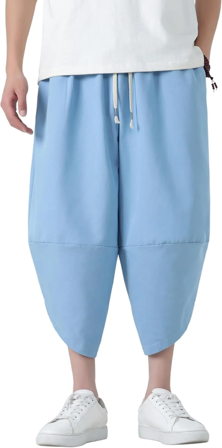 PRIJOUHE Men's Casual Wide Leg Baggy Harem Pant Lightweight Drop Crotch Summer Beach Linen Capri Pants
