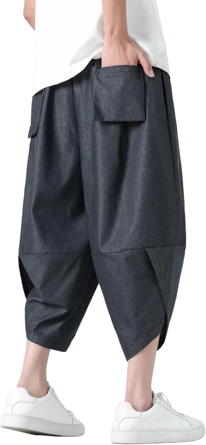 PRIJOUHE Men's Casual Wide Leg Baggy Harem Pant Lightweight Drop Crotch Summer Beach Linen Capri Pants