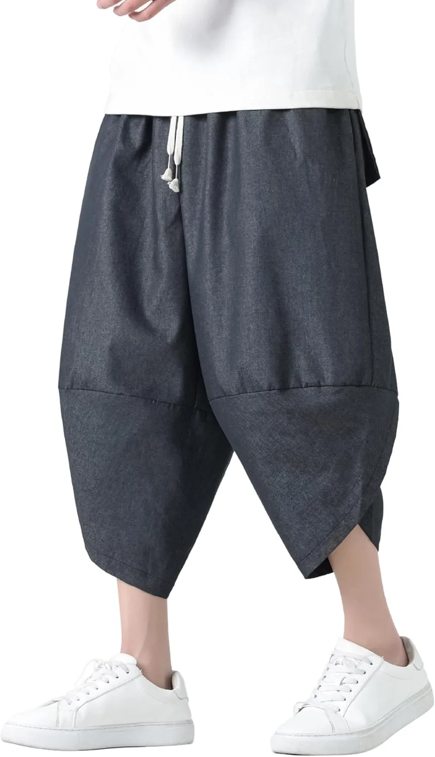 PRIJOUHE Men's Casual Wide Leg Baggy Harem Pant Lightweight Drop Crotch Summer Beach Linen Capri Pants