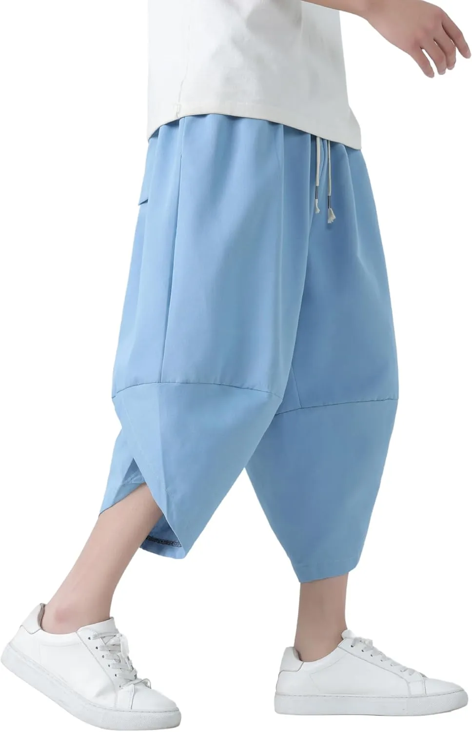 PRIJOUHE Men's Casual Wide Leg Baggy Harem Pant Lightweight Drop Crotch Summer Beach Linen Capri Pants