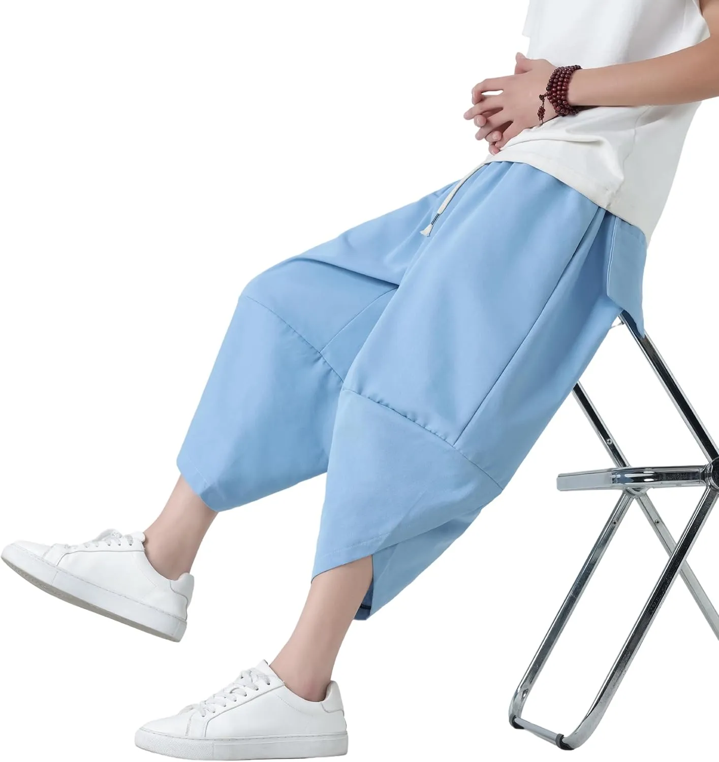 PRIJOUHE Men's Casual Wide Leg Baggy Harem Pant Lightweight Drop Crotch Summer Beach Linen Capri Pants