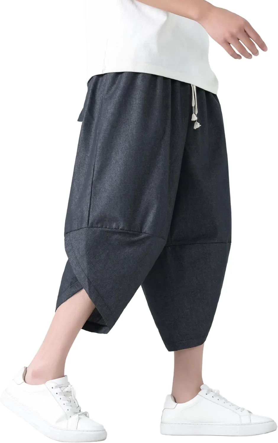 PRIJOUHE Men's Casual Wide Leg Baggy Harem Pant Lightweight Drop Crotch Summer Beach Linen Capri Pants