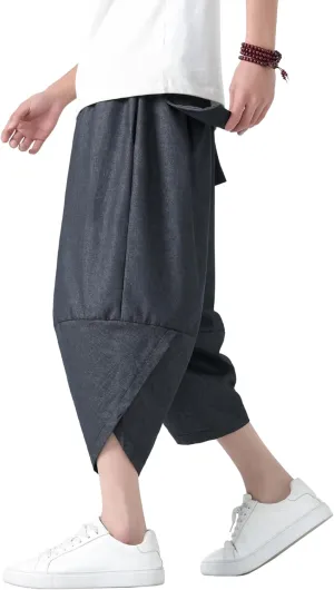 PRIJOUHE Men's Casual Wide Leg Baggy Harem Pant Lightweight Drop Crotch Summer Beach Linen Capri Pants