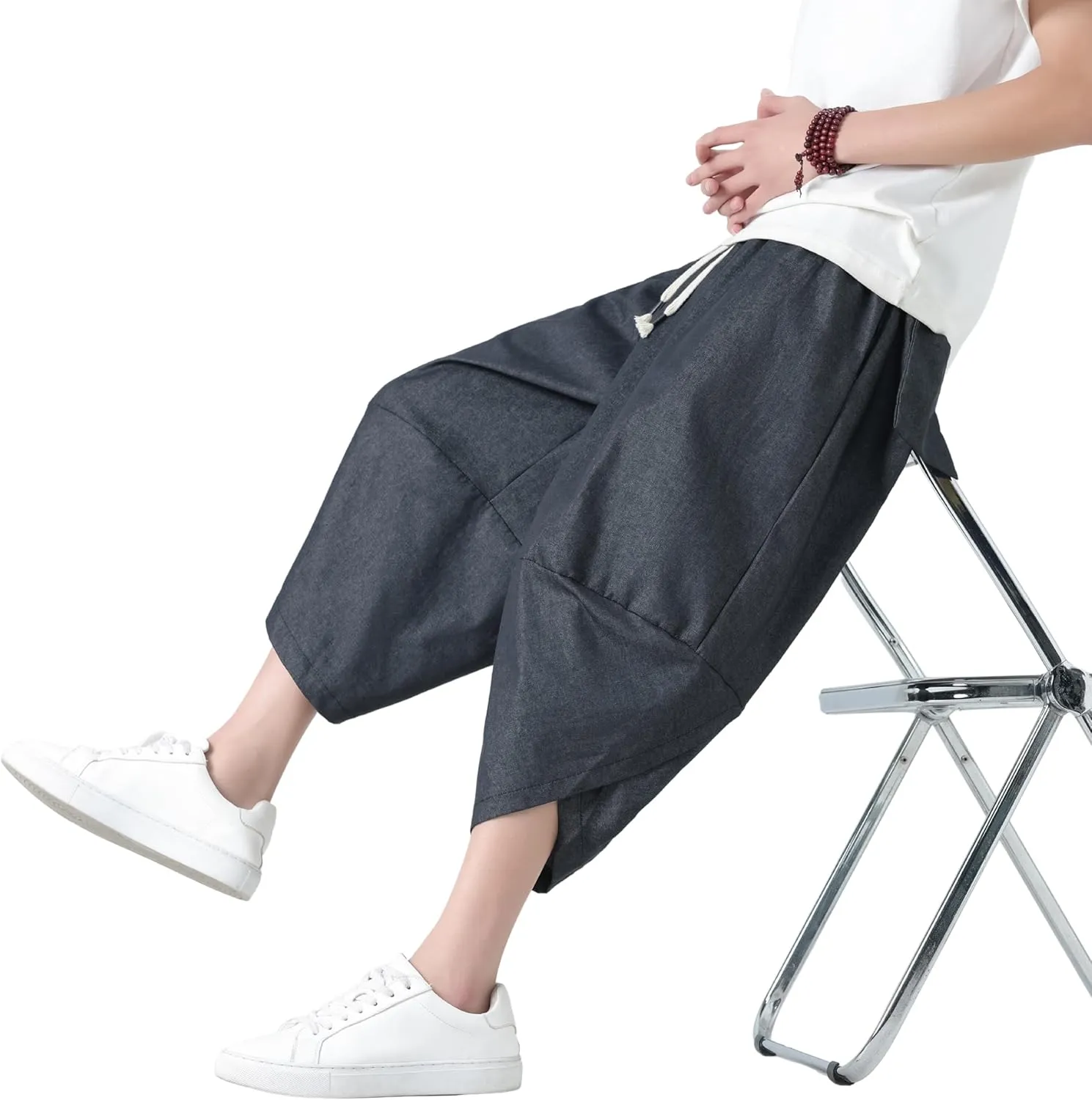 PRIJOUHE Men's Casual Wide Leg Baggy Harem Pant Lightweight Drop Crotch Summer Beach Linen Capri Pants
