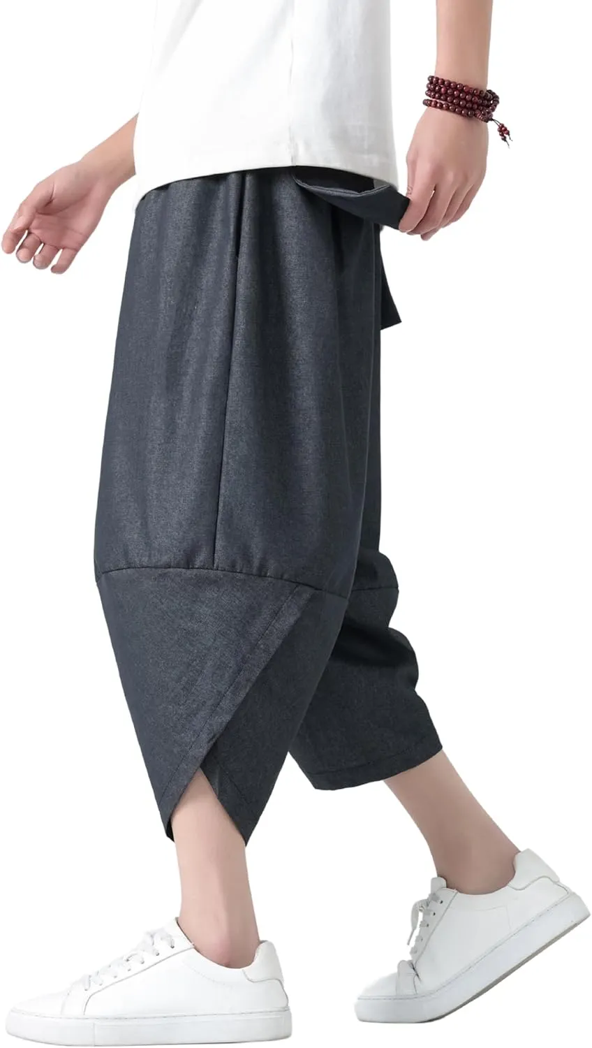 PRIJOUHE Men's Casual Wide Leg Baggy Harem Pant Lightweight Drop Crotch Summer Beach Linen Capri Pants